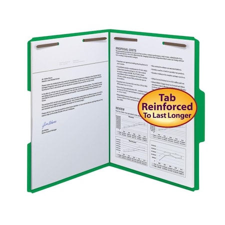 Smead Folders, 2 Fasteners, 1/3 AST Tab Cut, Letter, 50/BX, Green PK SMD12140